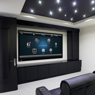 home theater with custom ceiling